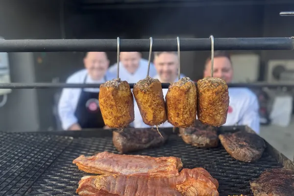Close up of food cooking on a grill